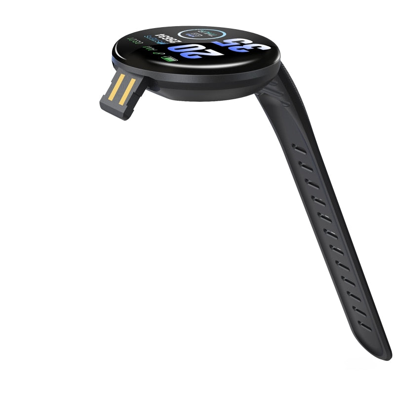 D18 Smart Watch display showing time and fitness tracking features, black strap, sleek design, all products collection.
