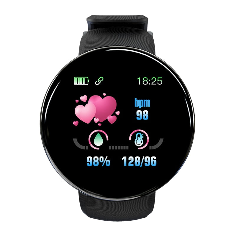 D18 Smart Watch display showing time and fitness tracking features, black strap, sleek design, all products from سوق وفر Egypt.