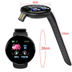 D18 Smart Watch displaying digital time and fitness tracking features, black band, sleek design for all products.