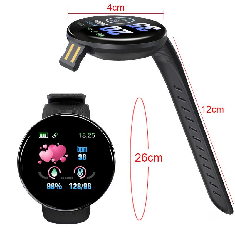 D18 Smart Watch displaying digital time, fitness tracking features, and sleek black band on a white background.