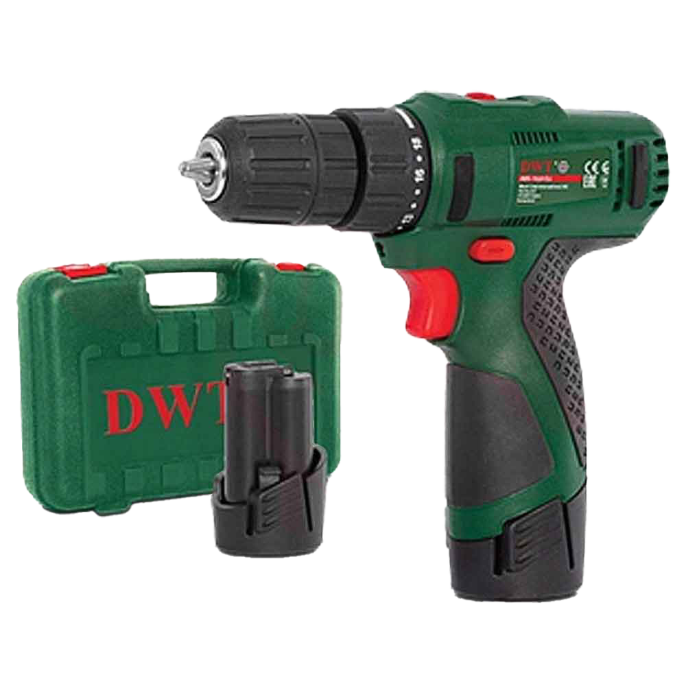 Cordless DWT 12V drill with single battery, ergonomic handle, and metal chuck for versatile home and professional use.
