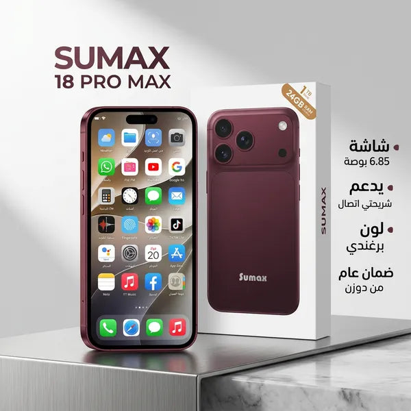 هاتف 18 Pro max ضمان عام ثنائي الشريحة + هدية جراب شفاف - لون برجندي)