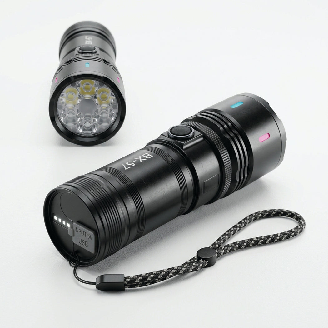 White adjustable laser camping and hiking flashlight with 100,000 lumens, powerful and versatile for outdoor adventures.