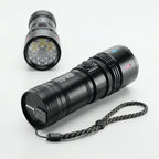 White adjustable laser camping and hiking flashlight with 100,000 lumens, powerful and versatile for outdoor adventures.