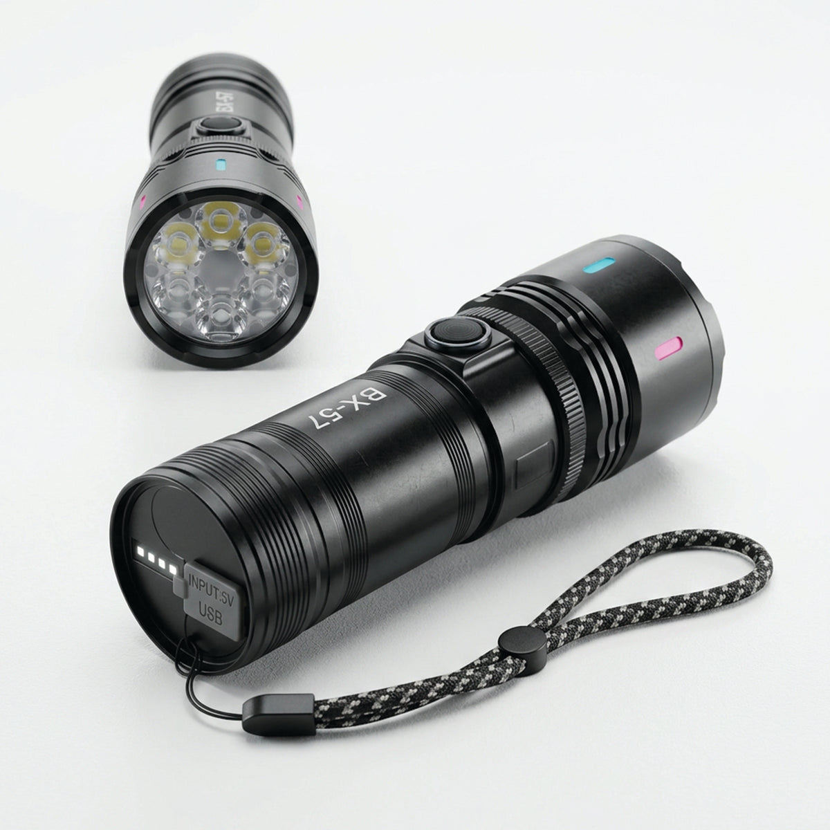 White adjustable laser camping and hiking flashlight with 100,000 lumens, powerful and versatile for outdoor adventures.