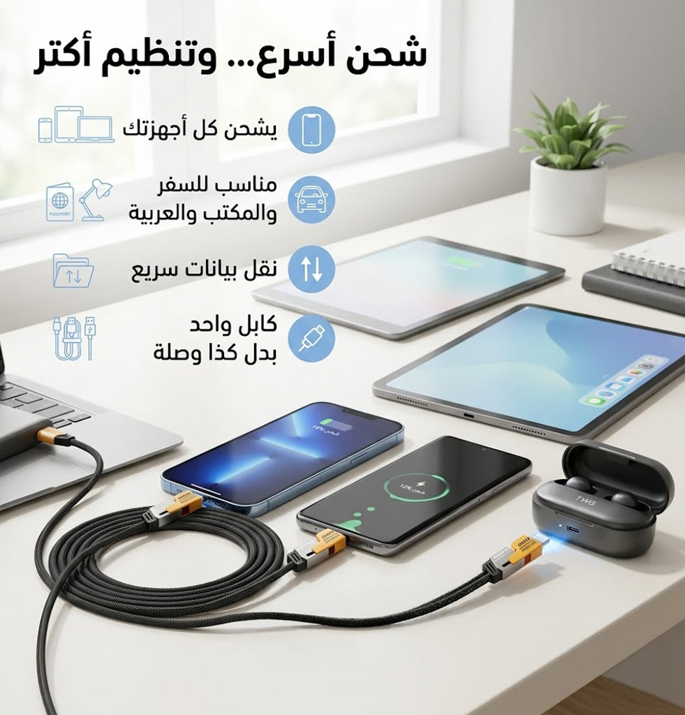 •        كابل شاحن USB متعدد 15 سم، شحن سريع 65 واط 3 في 1  (Lightning, Type-C & Micro USB)