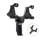 Car mirror mobile holder with 360-degree rotation, adjustable car accessory for secure smartphone mounting.