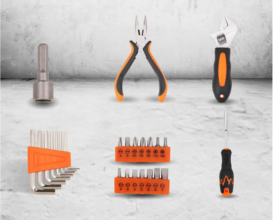 Set of 34-piece hand tools with screwdrivers, bits, and French key, displayed on a white background for home or professional use.