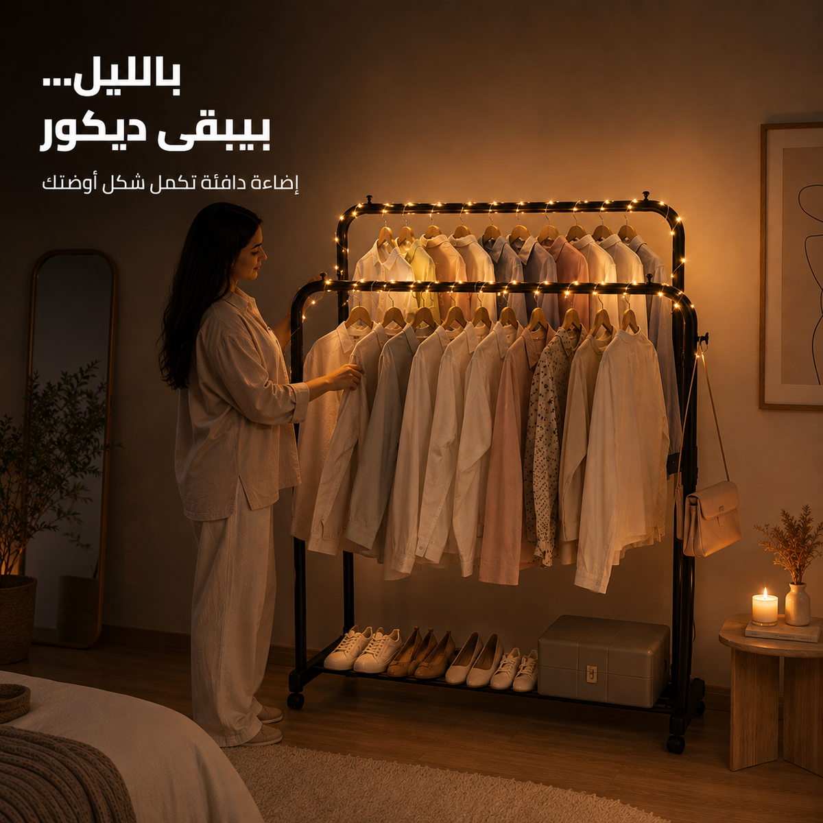 [اسم المنتج] ستاند ملابس مزدوج أسود بعجل وليد زينة شمسي في غرفة نوم أنيقة