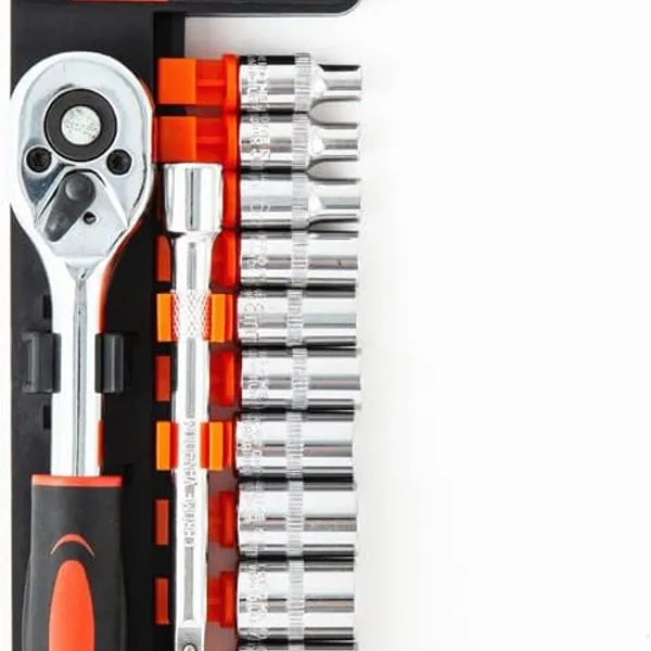 مقبض سقاطة (Ratchet) مقاس 1/4 بوصة ومجموعة رؤوس مفاتيح ربط (Sockets)