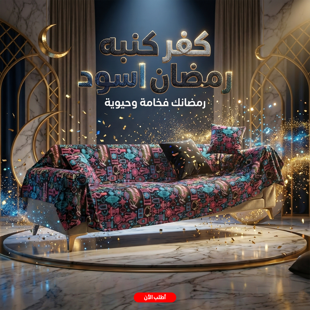 كفر كنبة رمضان أسود بتصميم نيوني وفوانيس