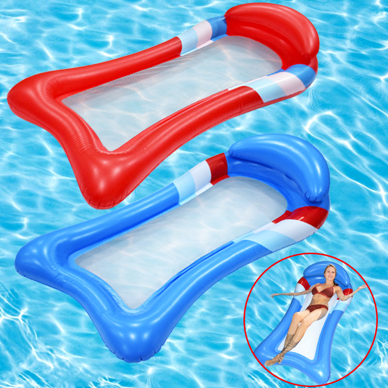 Inflatable bed float with mesh and headrest, suitable for sports and relaxation, designed for comfortable lounging on water.