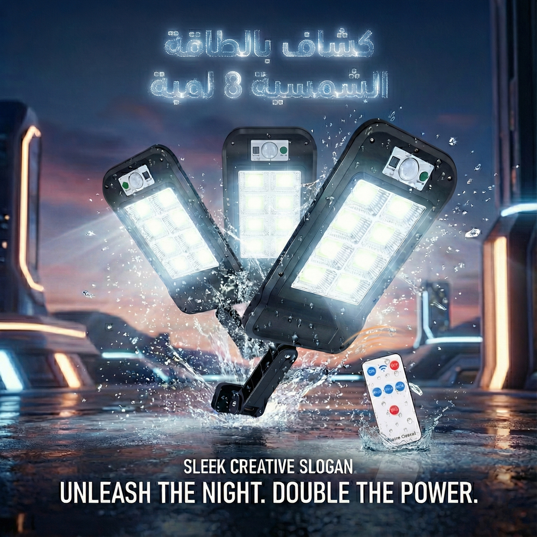 طقم 3 كشافات شمسية خارجية 8 لمبات LED - مقاوم للماء بحساس حركة وريموت