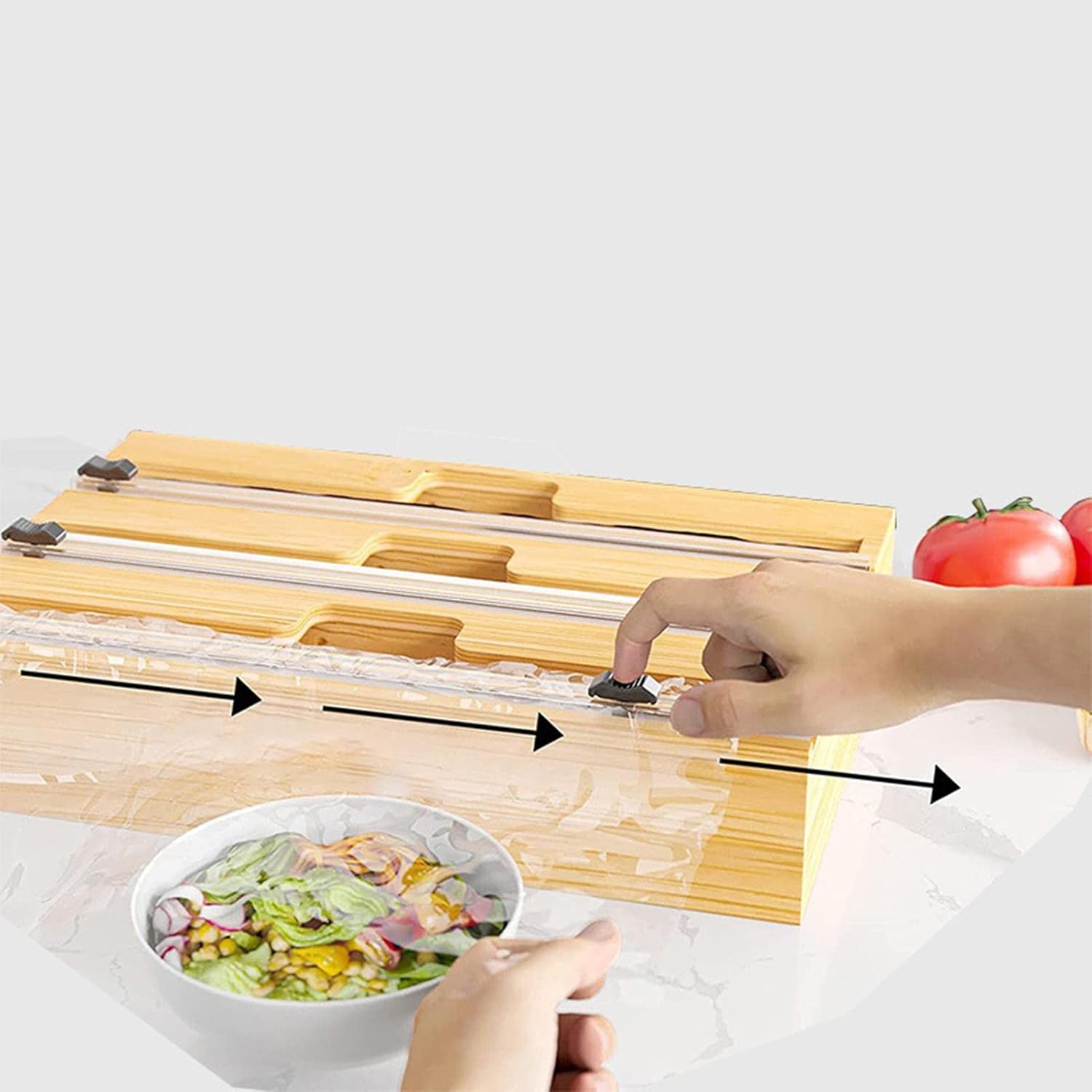 Wooden three-compartment foil holder from سوق كوم for kitchen storage and organization of aluminum foil rolls.