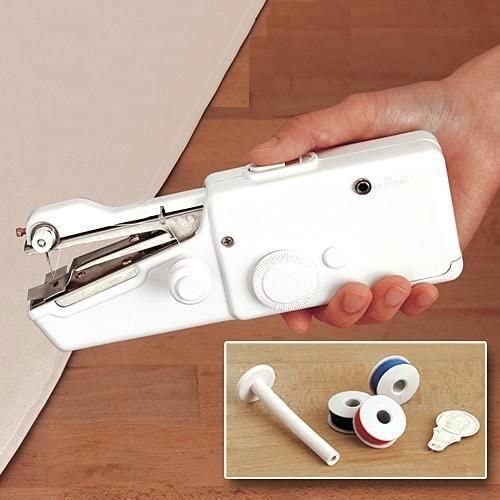 Portable handheld sewing machine with accessories, including a sewing kit and tools, ideal for home use and quick repairs.