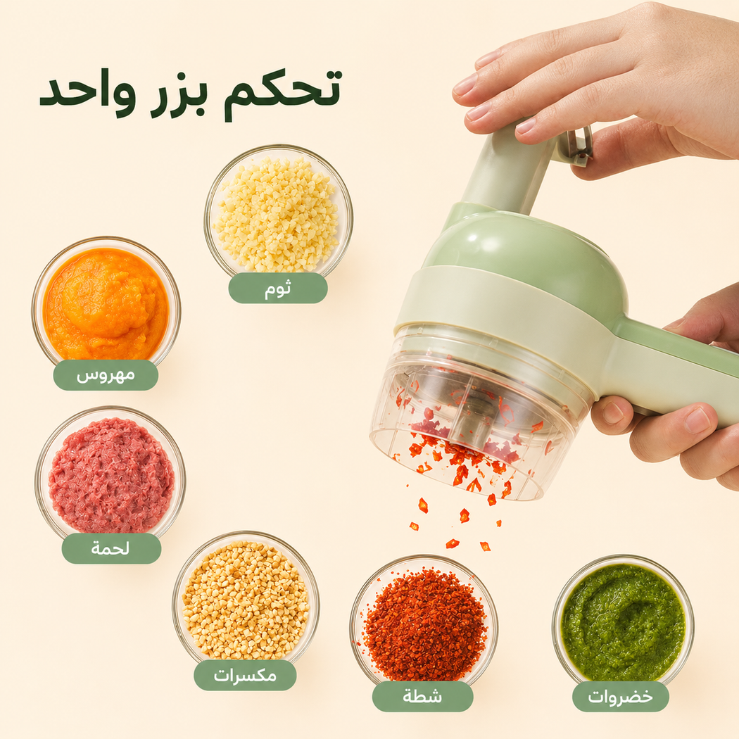 قطاعة خضروات كهربائية لاسلكية محمولة 4 في 1 | تقطيع وفرم سريع وسهل