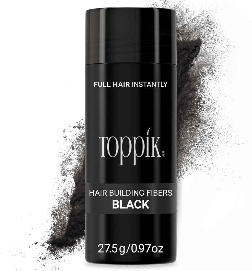 Toppik Hair Fibers for hair thinning, natural-looking fibers to conceal scalp gaps, in a container with a black cap.