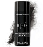 Toppik Hair Fibers for hair thinning, natural-looking fibers to conceal scalp gaps, in a container with a black cap.