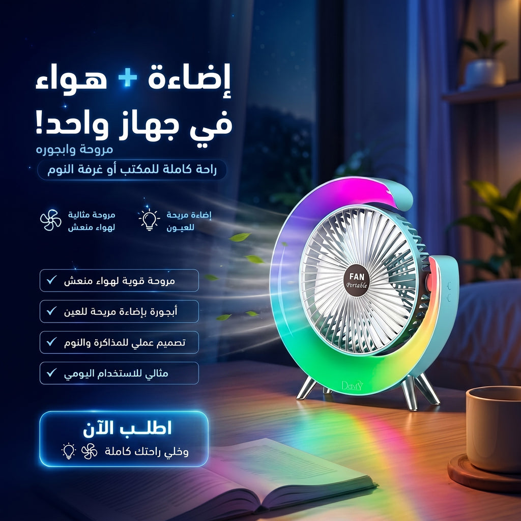 مروحة وإباجورة محمولة باللون الأبيض مع إضاءة LED ملونة