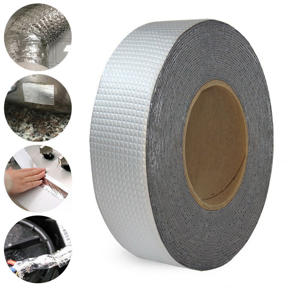 Silver rubber adhesive tape, 10 meters long, used for household repairs and sealing tasks, shown rolled out on a surface.