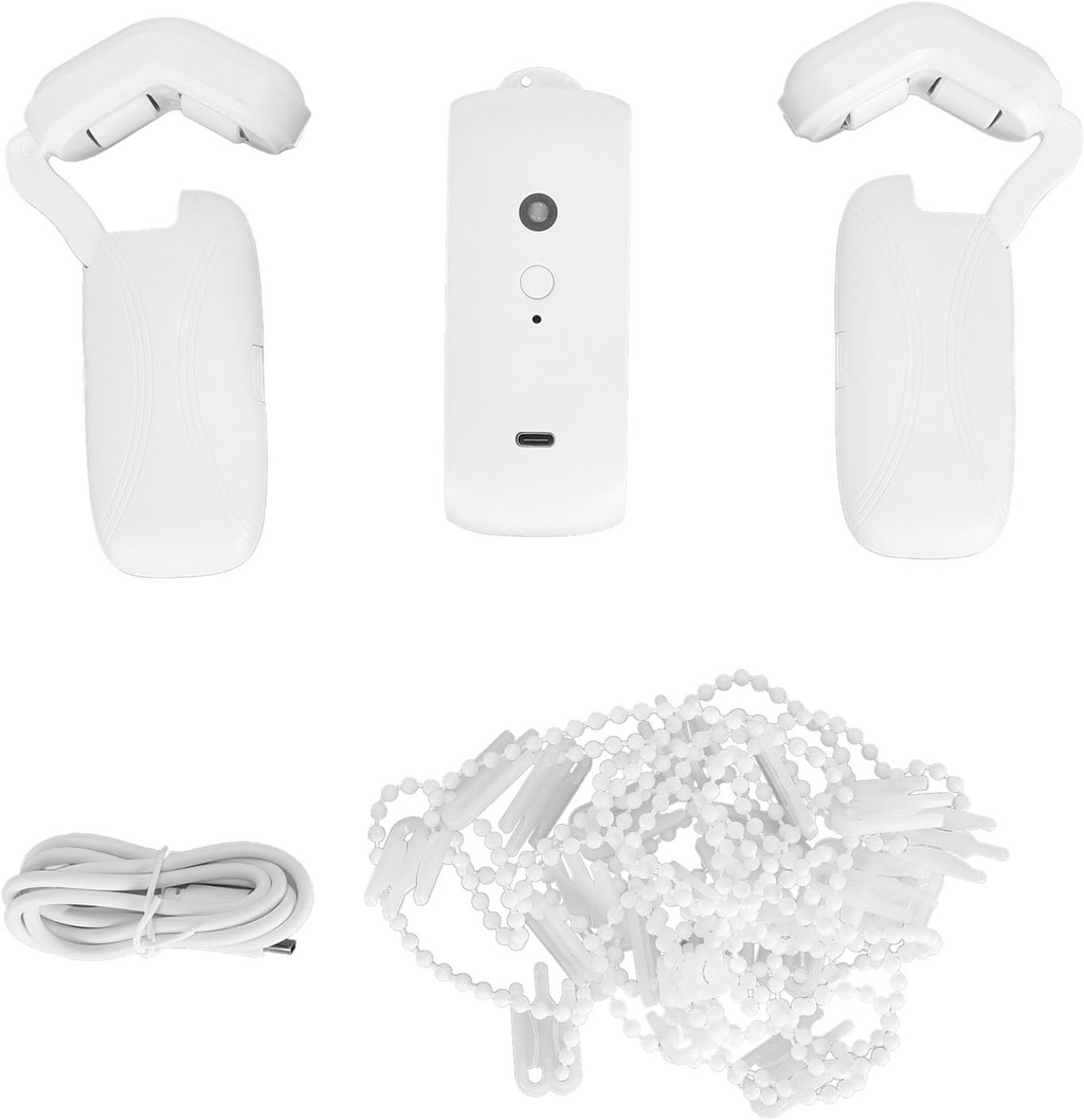 Small remote-controlled curtain robot device from سوق كوم, showing compact design and remote for automated window curtain control.