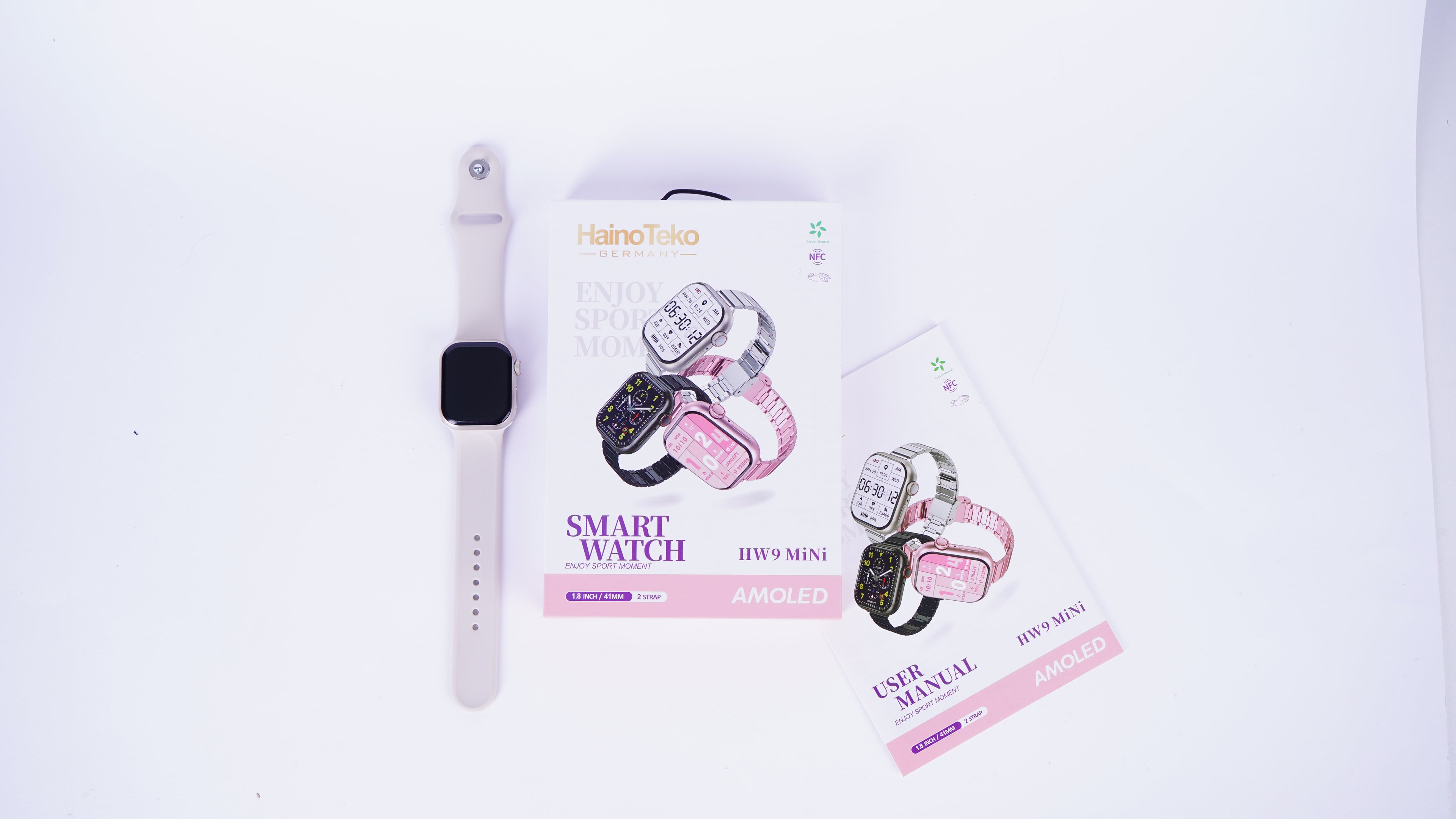 Haino Teko Smart Watch HW9 Mini displaying a digital clock, fitness tracking icons, and a sleek black strap.