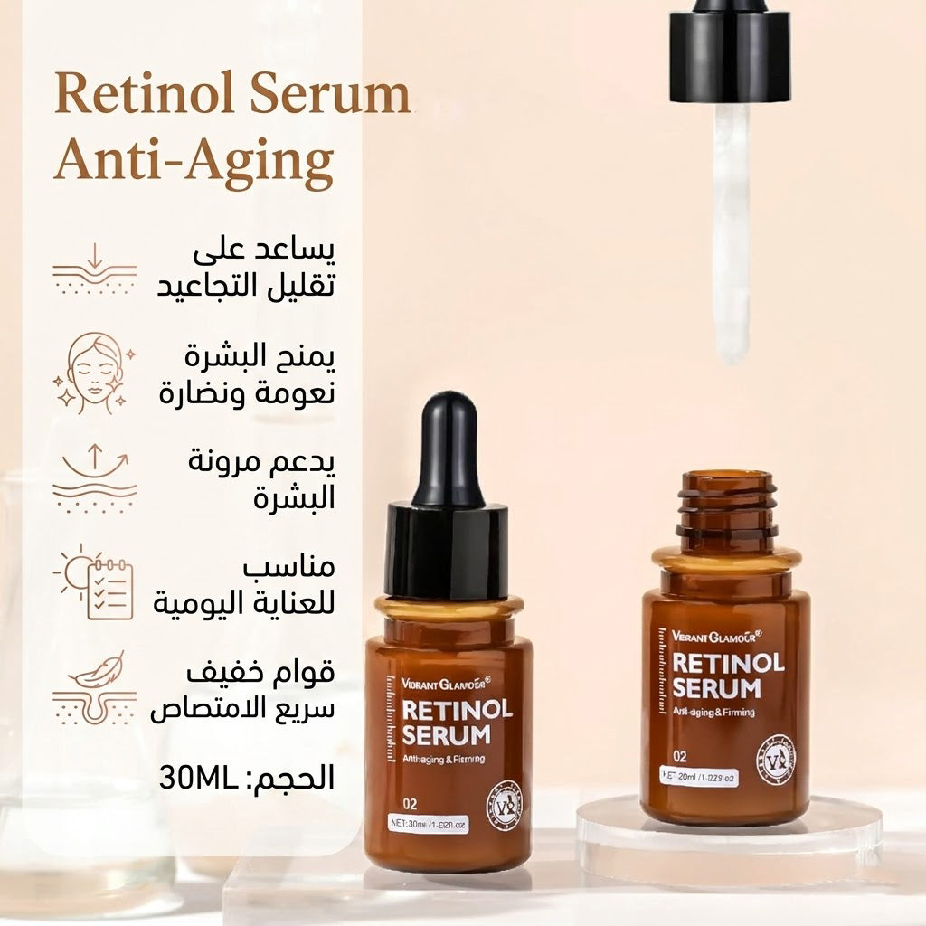 Retinol serum anti-aging for skin care, clear bottle with dropper, designed to reduce wrinkles and improve skin texture.