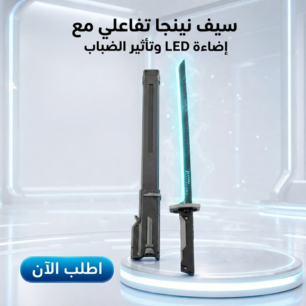 سيف نينجا تفاعلي مع إضاءة LED وتأثير الضباب، شحن Type-C، للأطفال والكبار