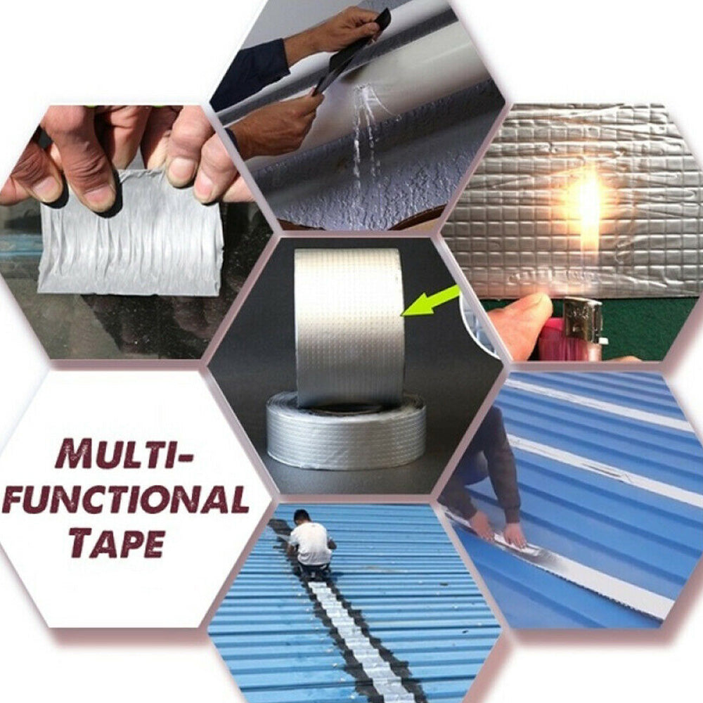 Silver rubber adhesive tape, 10 meters long, shown in a close-up image, ideal for home repair and sealing projects.