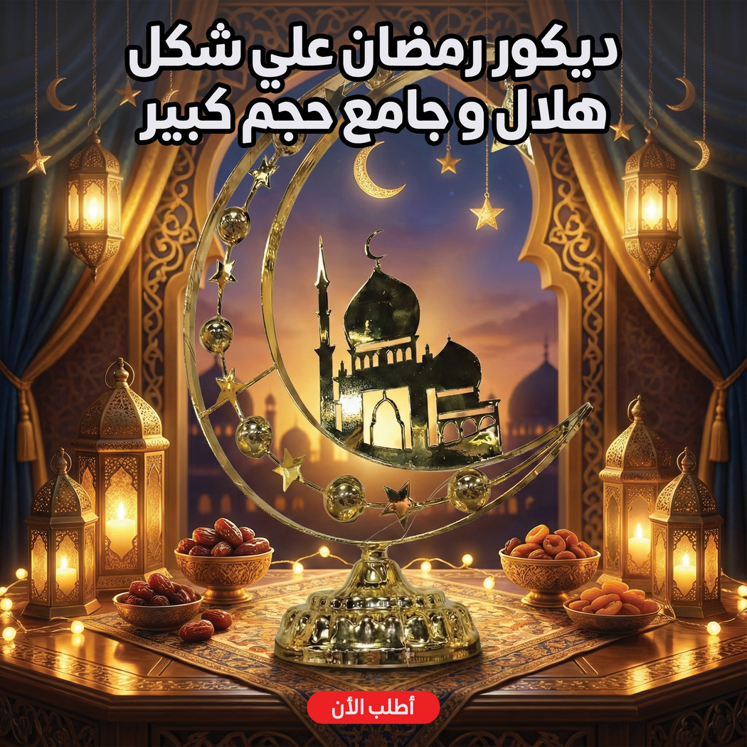 ديكور رمضان هلال و جامع ذهبي - قطعة ديكور إسلامية فاخرة للمنزل
