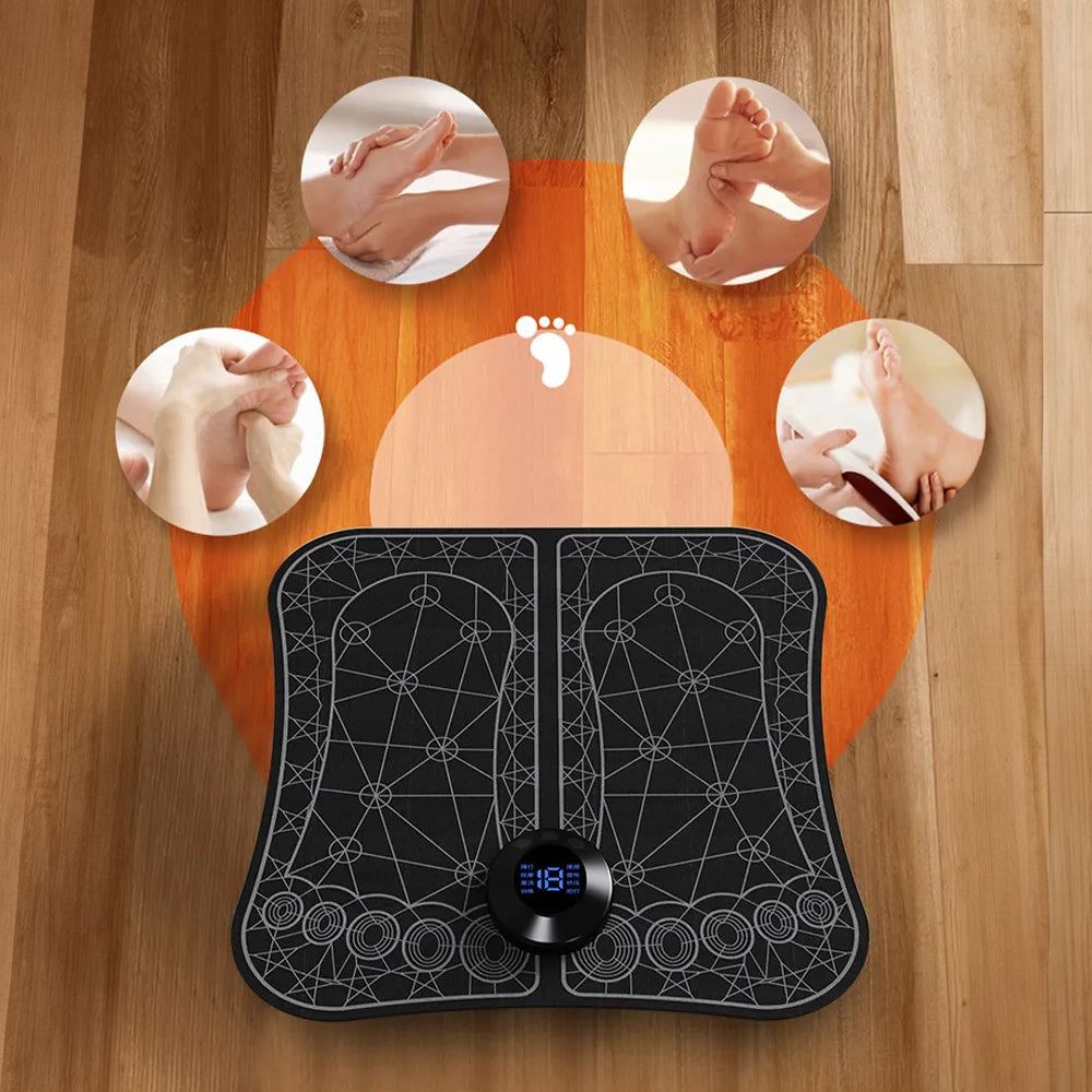 Electric foot massager device with control buttons and cushioned footpads, designed for relaxing foot massage.