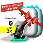 Mini Sticker Printer from سوق كوم showing two compact electronic devices with printing paper ready for use