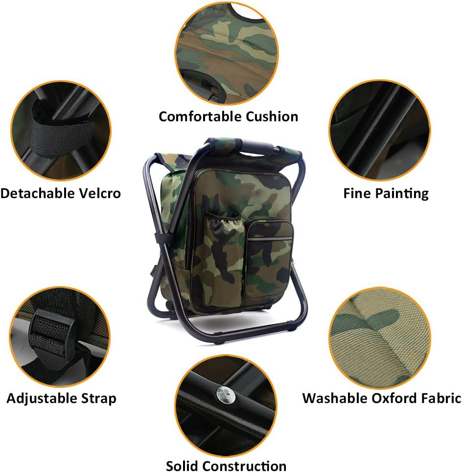 Portable travel chair with a carrying bag, compact and lightweight for outdoor trips, in a durable fabric with adjustable straps.