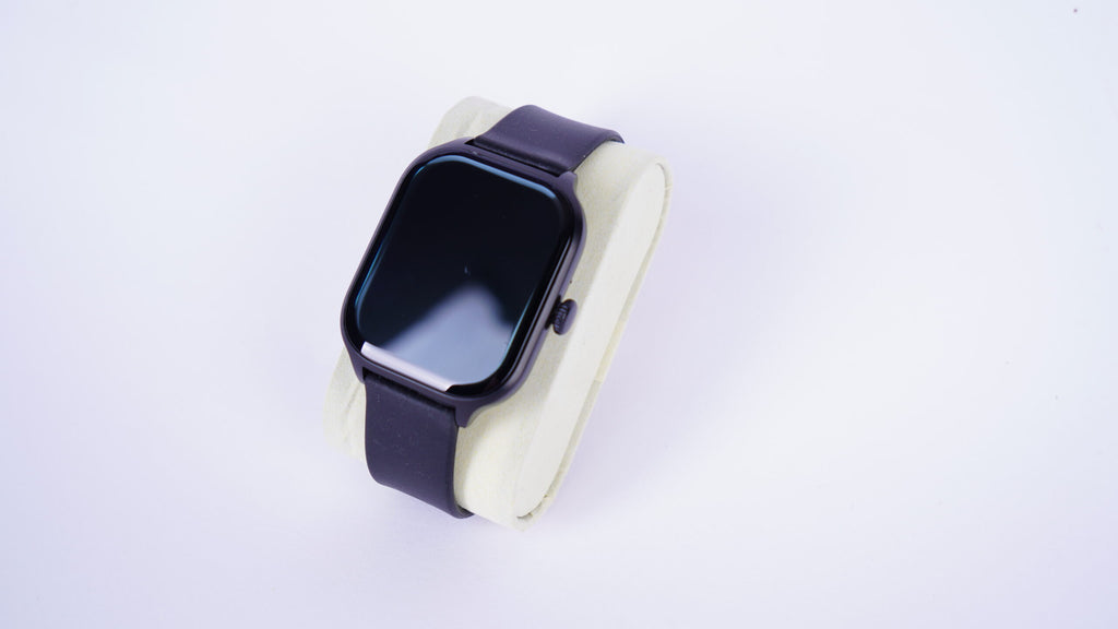 Smart Watch A56 Plus displaying digital time and health monitoring features, with a black strap and sleek design.