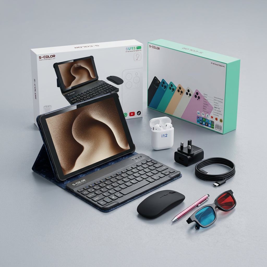 SU15 PRO tablet with gift set from سوق الأمانة, featuring a sleek design and included accessories, in a modern tech display.