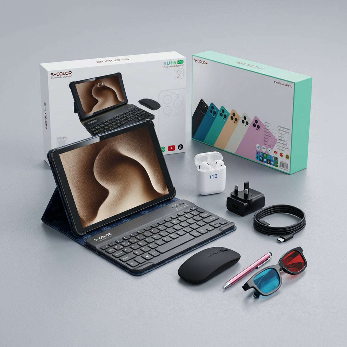 SU15 PRO tablet with gift set from سوق الأمانة, featuring a sleek design and included accessories, in a modern tech display.