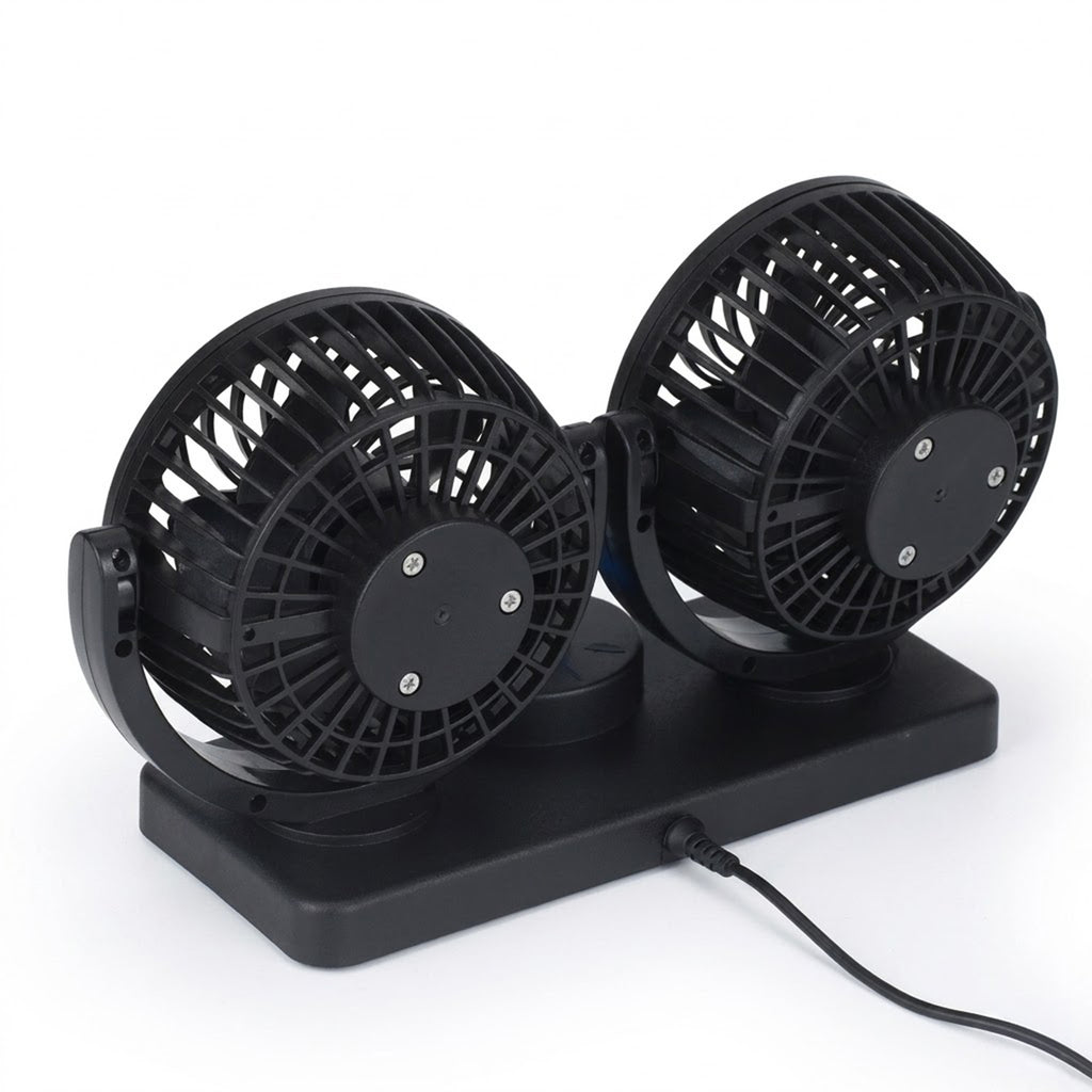 Double-head USB car fan accessory with adjustable vents, compact design, perfect for cooling inside a vehicle.