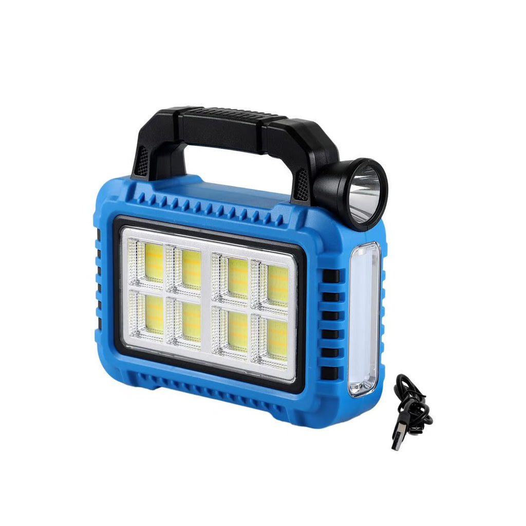 Solar multifunctional outdoor solar flashlight showing solar panel, LED light, and portable design for outdoor use.