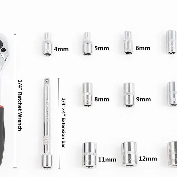 مقبض سقاطة (Ratchet) مقاس 1/4 بوصة ومجموعة رؤوس مفاتيح ربط (Sockets)