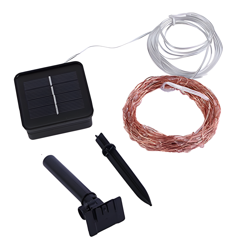 Solar-powered LED outdoor lighting fixture with decorative string lights for garden and patio illumination