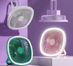 Modern 2-in-1 fan with built-in flashlight, compact portable cooling device, ideal for indoor and outdoor use.