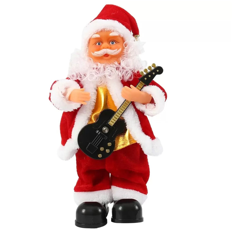 Santa Claus toy playing guitar, soft plush game for children, featuring a cheerful Santa with a guitar in festive colors.