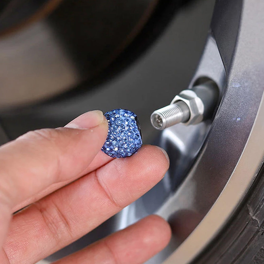 Shiny crystal car tire valve cap accessory, decorative automotive accessory for car wheels.