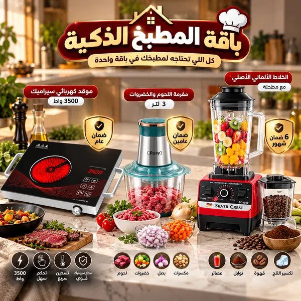 باقة المطبخ الذكية (موقد كهربائي سيراميك 3500 واط(بضمان عام )+مفرمة اللحوم و الخضروات 3 لتر بضمان عامين+• الخلاط الألماني الأصلي مع مطحنة بضمان 6 شهور)