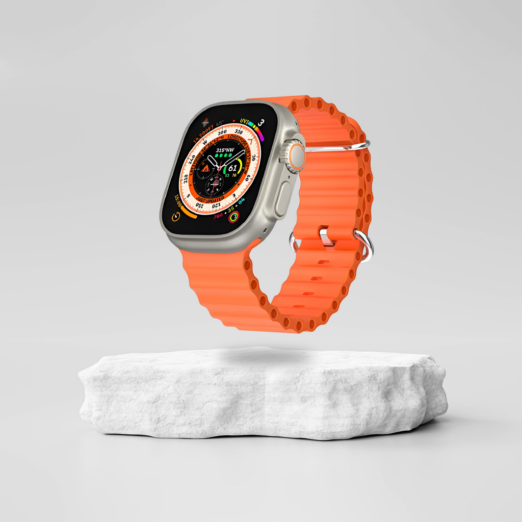 Smart Watch T800 Ultra in orange displaying digital clock, fitness tracking, and sleek design.