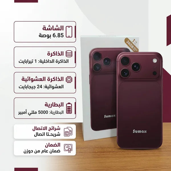 هاتف 18 Pro max ضمان عام ثنائي الشريحة + هدية جراب شفاف - لون برجندي)