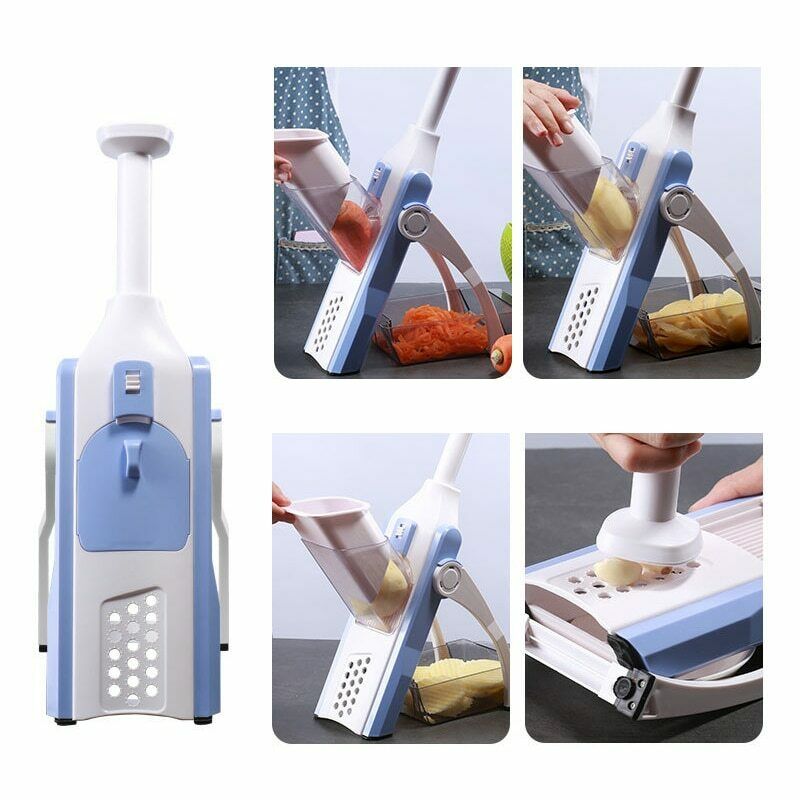 Mandoline slicer 5-in-1 kitchen accessory with interchangeable blades and handles, designed for precise food slicing and dicing.