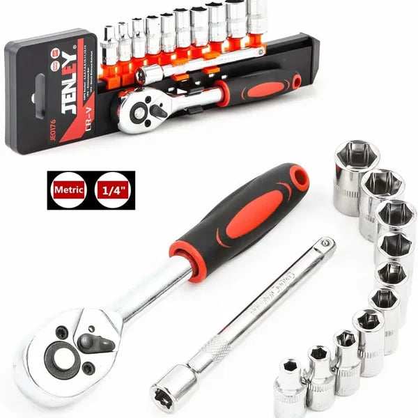 مقبض سقاطة (Ratchet) مقاس 1/4 بوصة ومجموعة رؤوس مفاتيح ربط (Sockets)