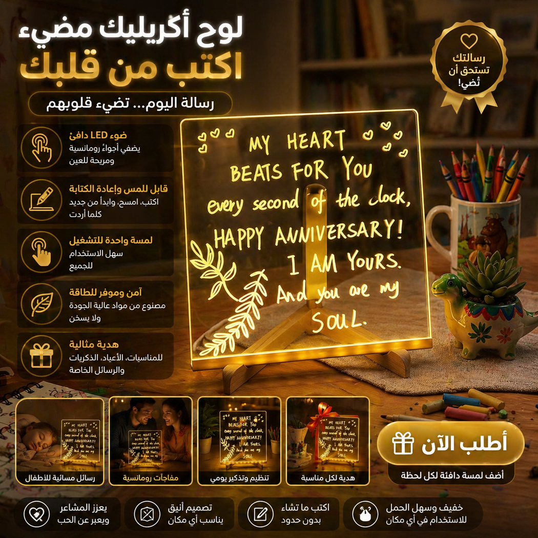 لوحة أكريليك مضيئة للمسح بحجم 15×15 سم مع إضاءة دافئة