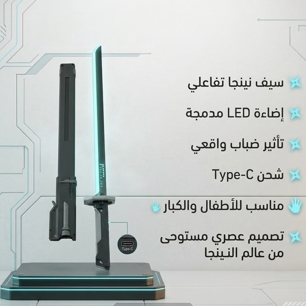 سيف نينجا تفاعلي مع إضاءة LED وتأثير الضباب، شحن Type-C، للأطفال والكبار